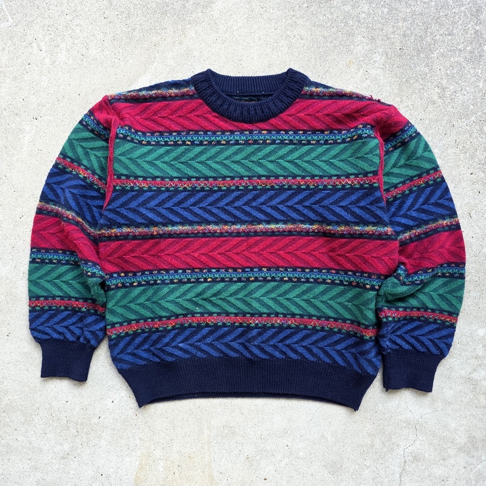 Norm Thompson Sweater Size M Colorful Red Green Striped 90s Wool Retro Grandpa - Picture 10 of 10